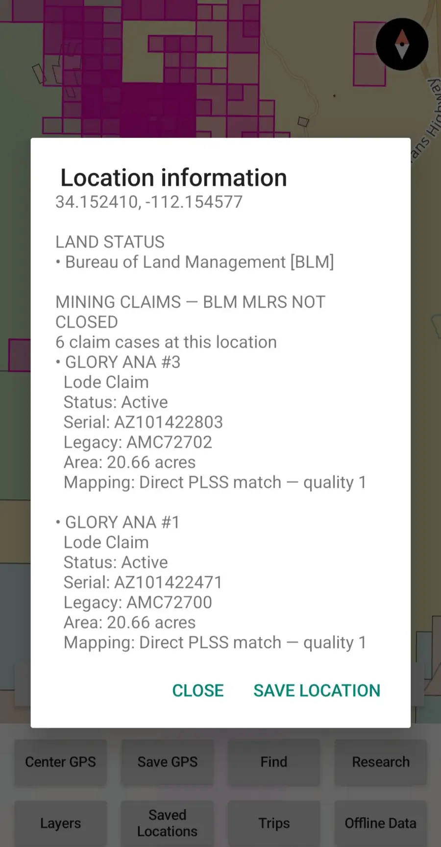 Arizona GroundRove location details showing land status and active mining claim records