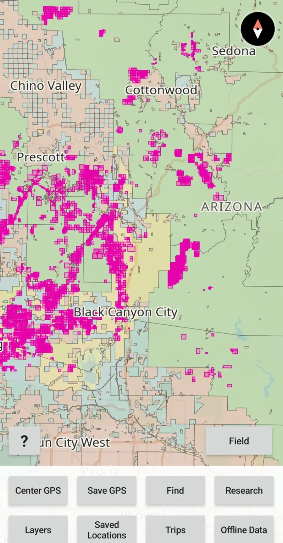 Arizona GroundRove map showing magenta BLM mining claim polygons near Prescott and Black Canyon City