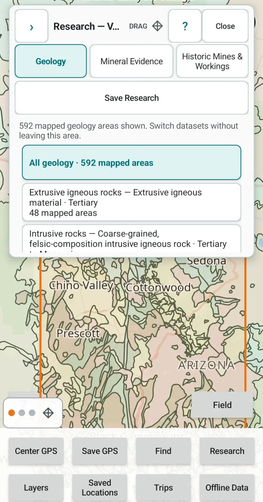 Arizona GroundRove Research showing visible-area geology results tied to the Arizona map