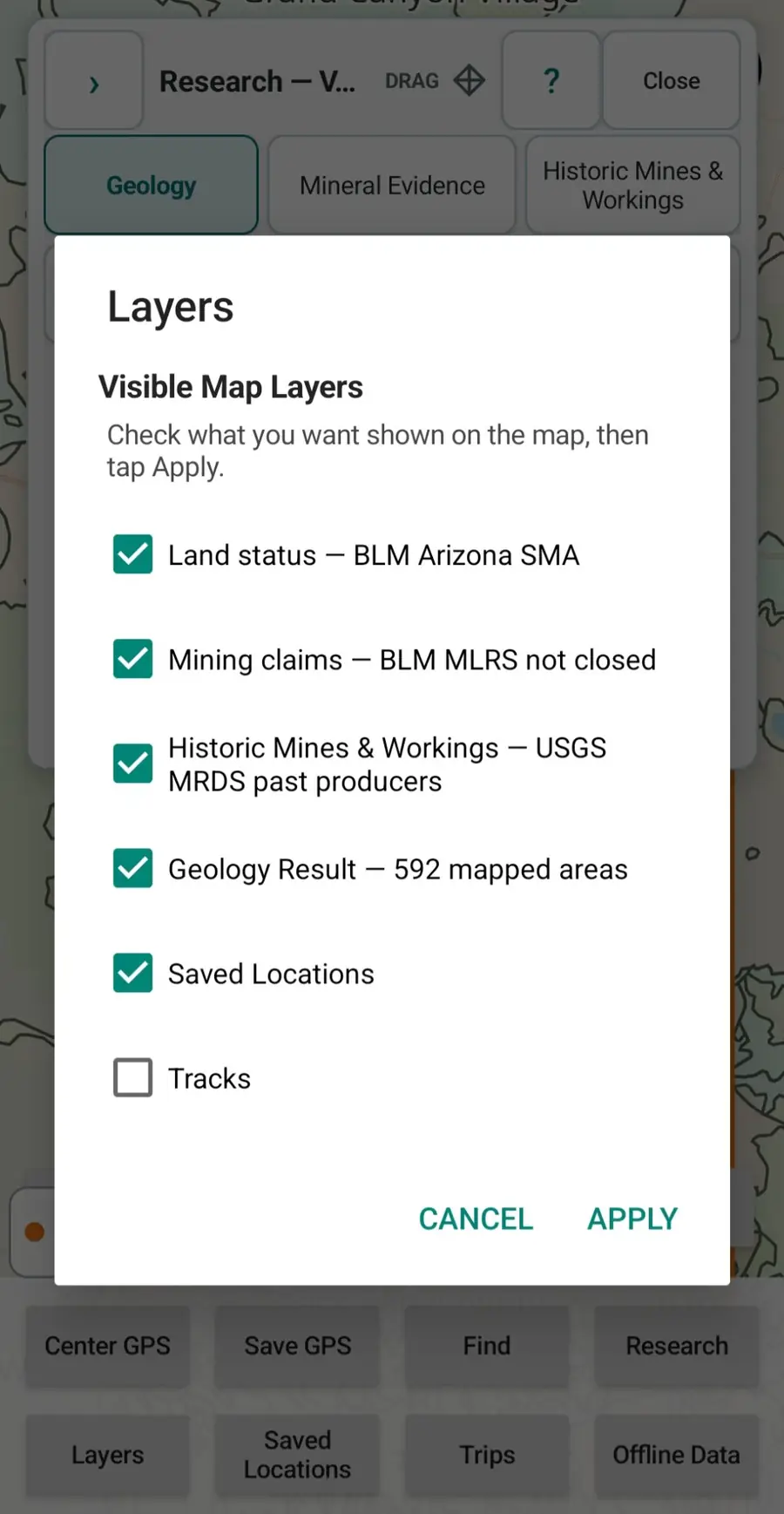 Arizona GroundRove Layers menu showing land status, mining claims, historic mines, geology results, saved locations and tracks