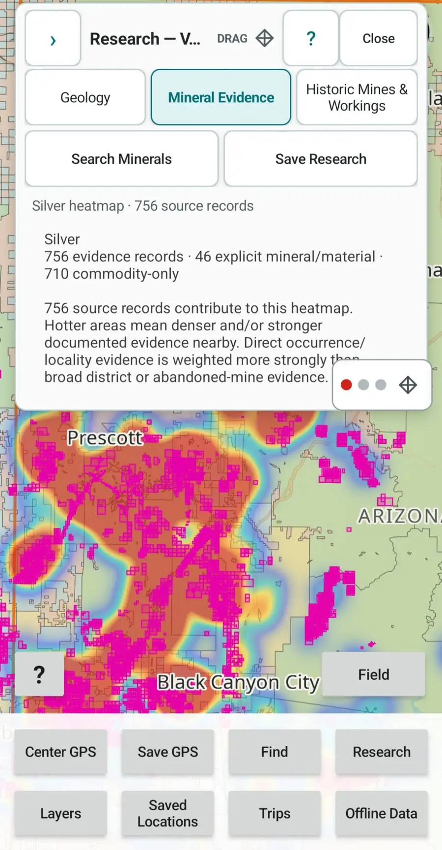 Arizona GroundRove Mineral Evidence research showing a silver heatmap and underlying source record counts