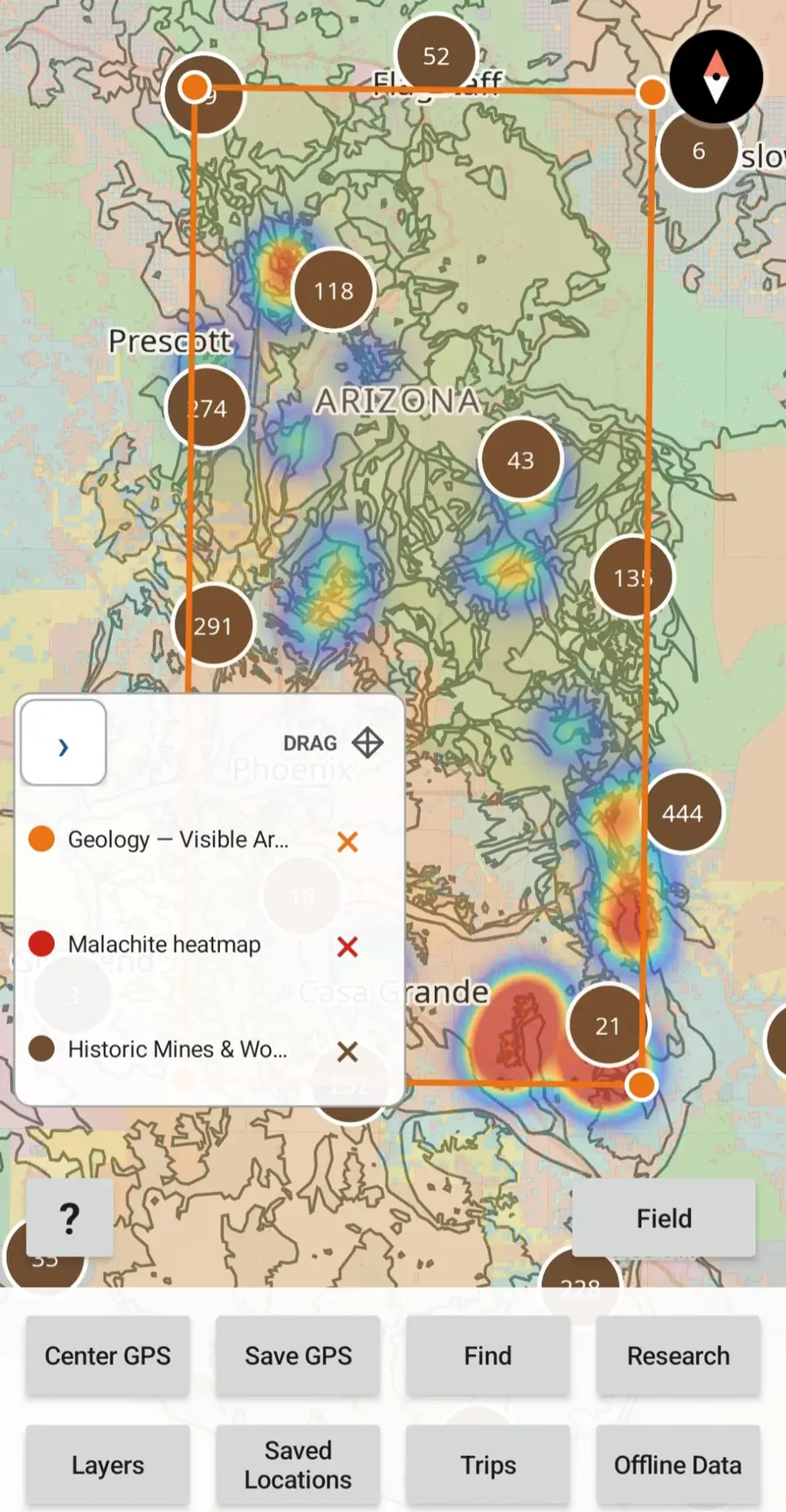 Arizona GroundRove map showing a malachite heatmap, geology, historic mines and a selected visible area