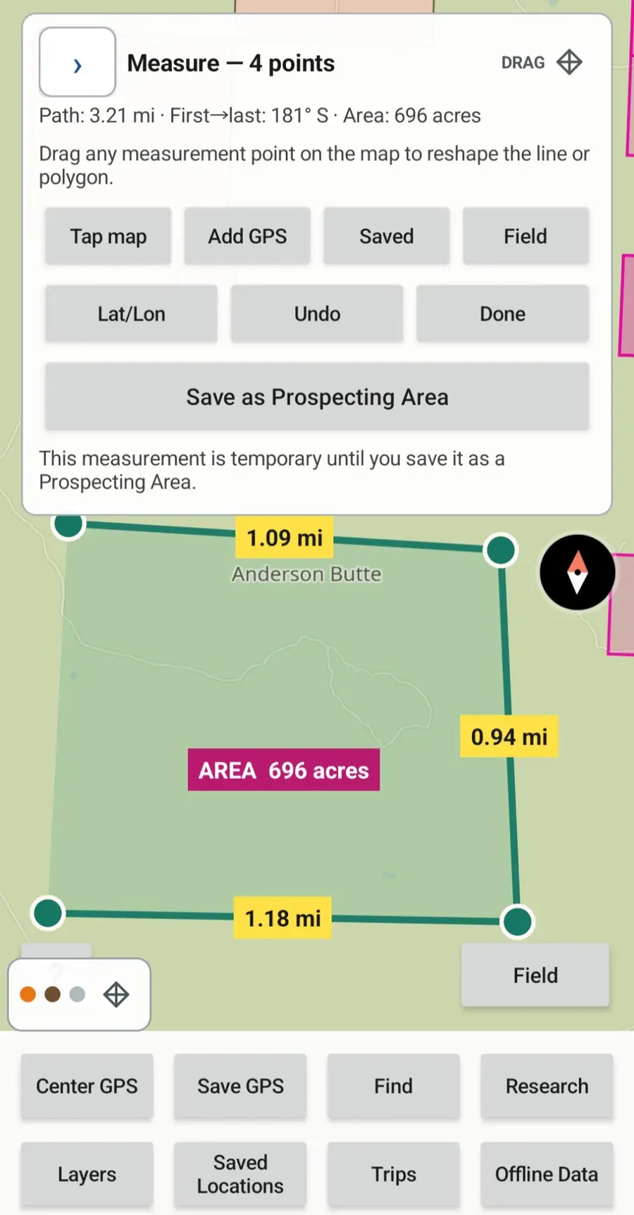 Arizona GroundRove Measure tool outlining a prospecting area near Anderson Butte and displaying area and path measurements