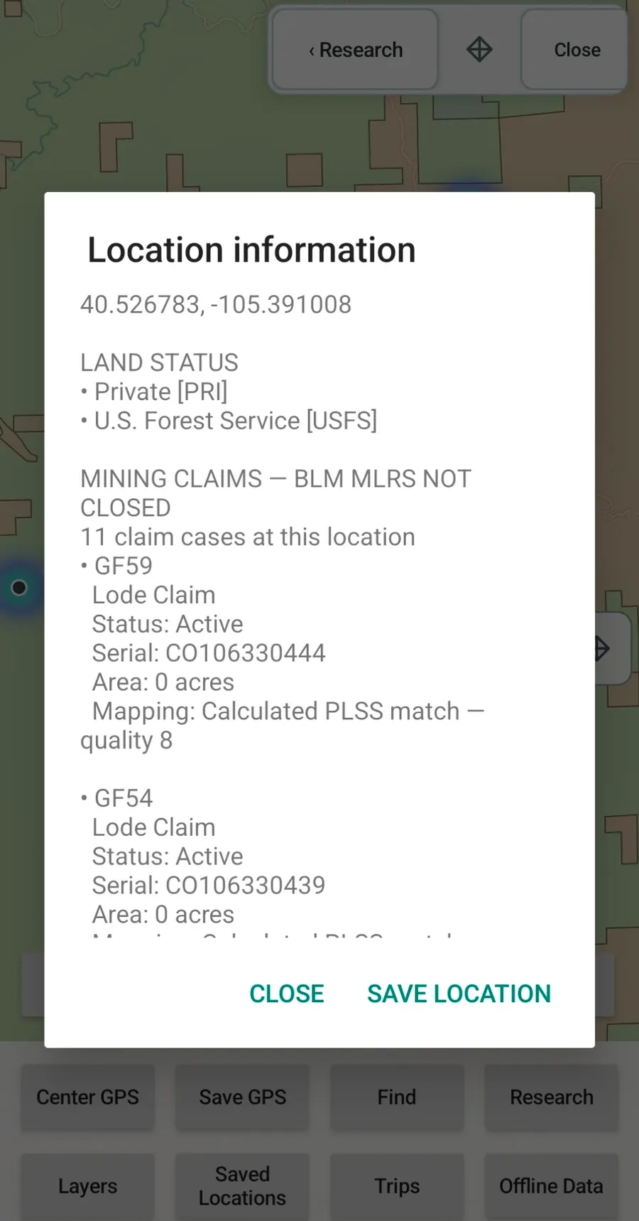 GroundRove location information showing land status and mining claim details