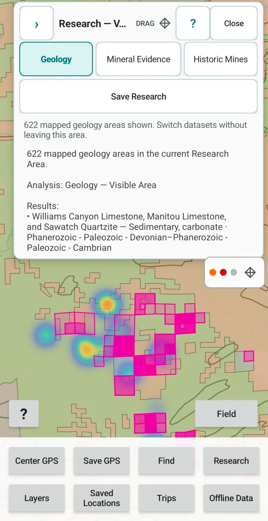 GroundRove Research screen showing visible-area Colorado geology results