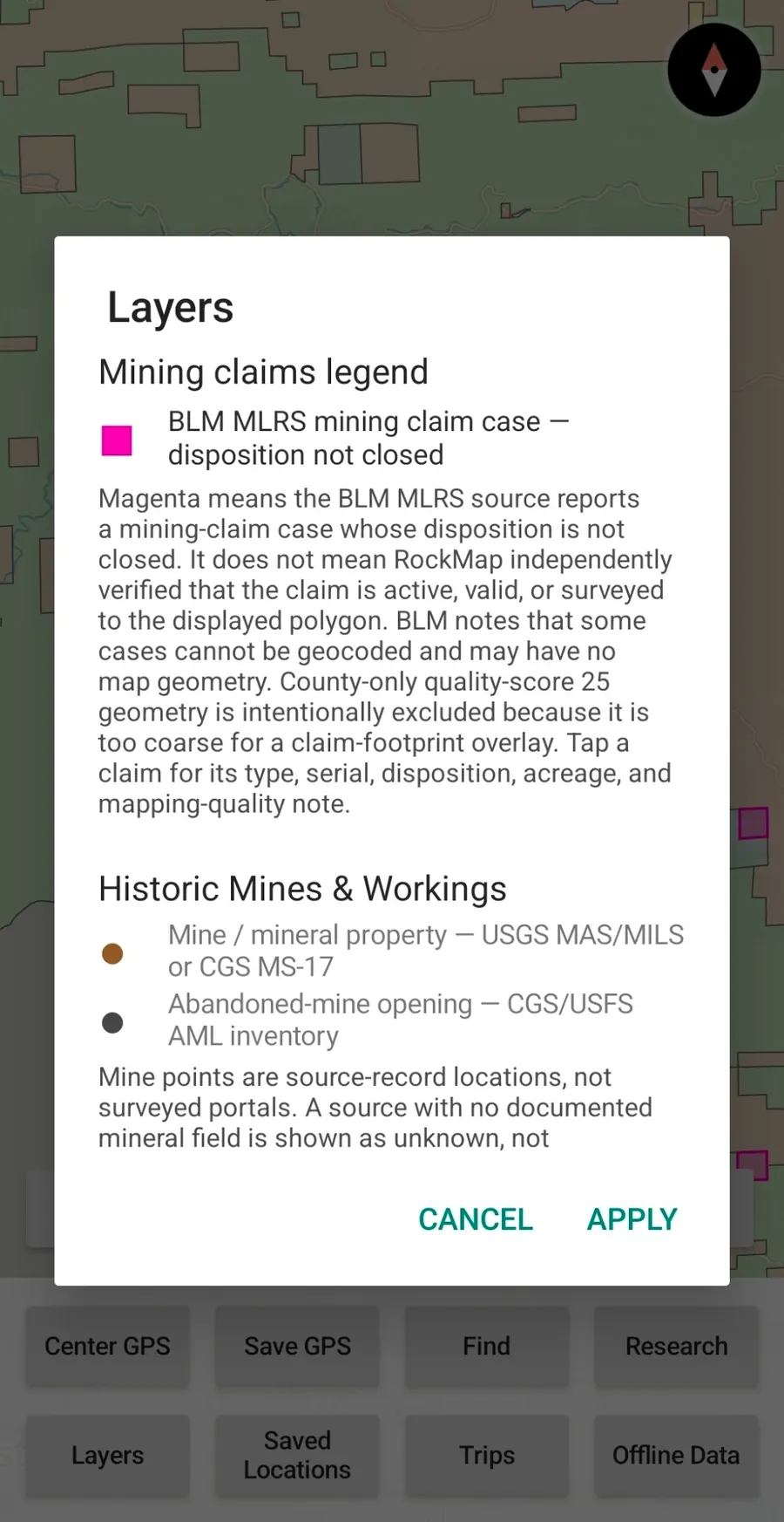 Full GroundRove Layers screen showing the mining claims legend and Historic Mines and Workings legend