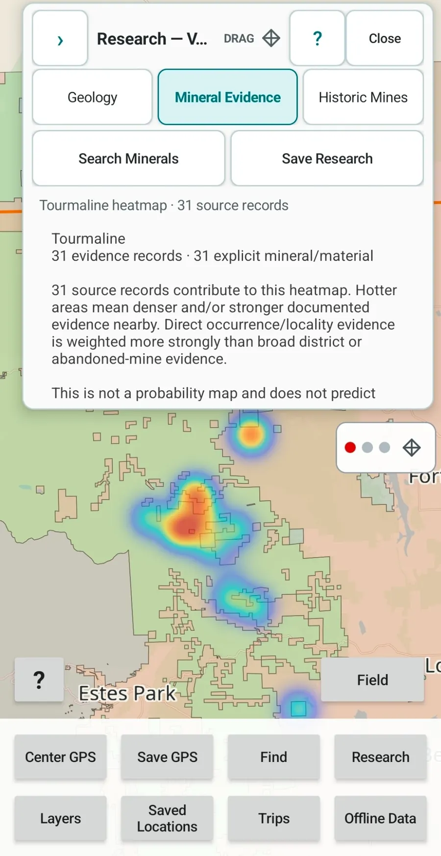 GroundRove Mineral Evidence screen showing a Tourmaline example heatmap and source records