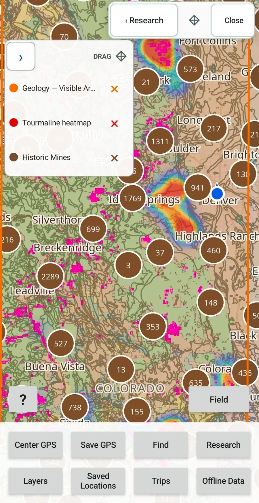 GroundRove map showing geology, a mineral evidence heatmap, historic mines and mining claims together in Colorado