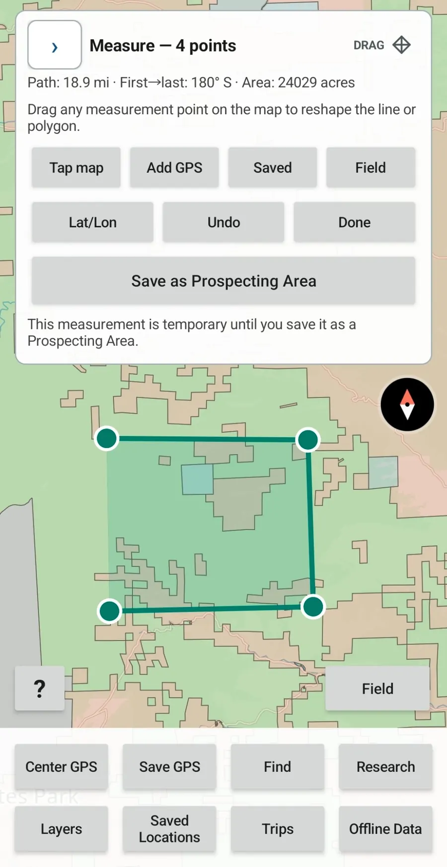 GroundRove Measure tool outlining a Prospecting Area